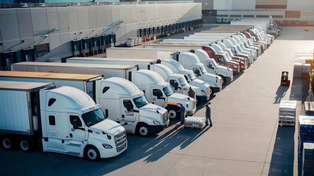 a large group of trucks parked in a warehouse free photo